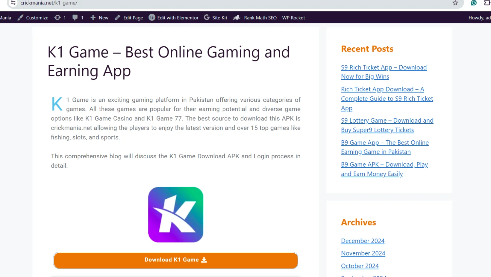 K1 Game Earning App Download APK